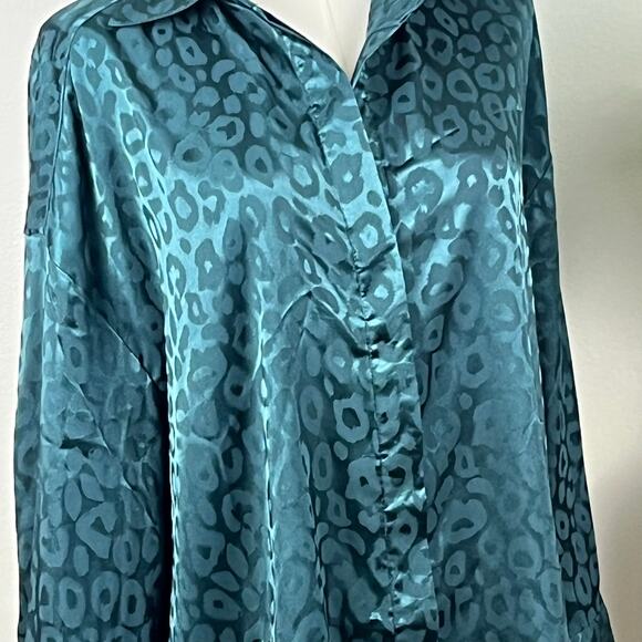 Glam Dark Green Leopard Print LS V-Neck Blouse Oversize Small New with Tags - Picture 2 of 9